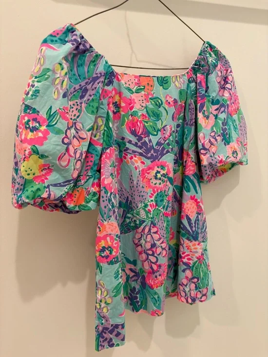 Lilly Pulitzer Bright Floral Puff-Sleeve Top in Aqua - Picture 3 of 3